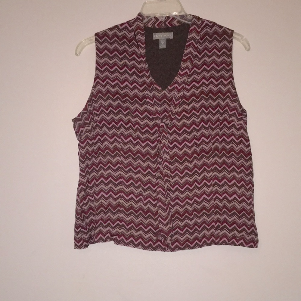 COPY - KATE HILL 100% silk sleeves Purple Lavender Chevron Print Top Plus Size